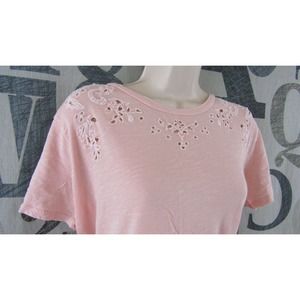 Lucky Brand Pink Heather Cotton Knit Top Women Large Embroidered Neck Stretch